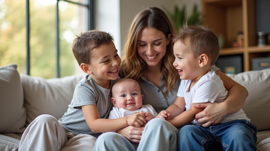 A woman sits on a couch with three smiling children, including a baby, in a bright living room.
