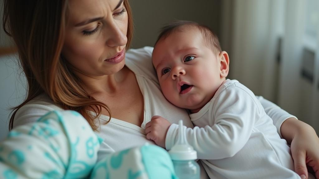 A woman holds a baby in her arms, both wearing white shirts. A baby bottle is visible on a pillow in the foreground.