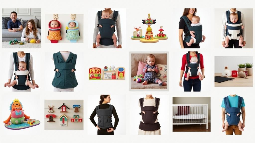 Collage of baby products including carriers, toys, a crib, and a play mat. Several images show adults carrying babies in ergonomic carriers.