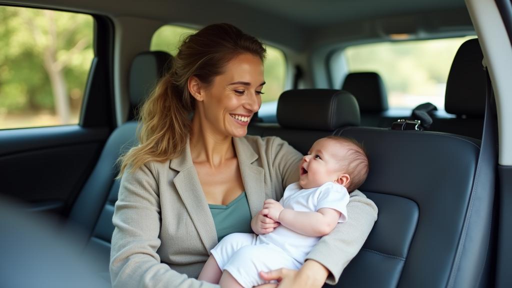 A woman smiles at a baby she's holding in the backseat of a car.