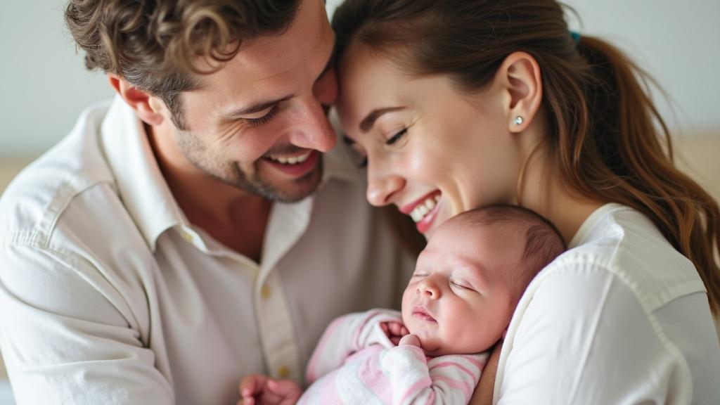 A couple smiling and holding a sleeping baby wrapped in a striped blanket.