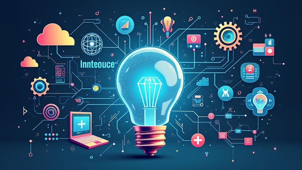 A glowing light bulb surrounded by technology icons, including a laptop, gears, and cloud symbols, representing innovation and connectivity.