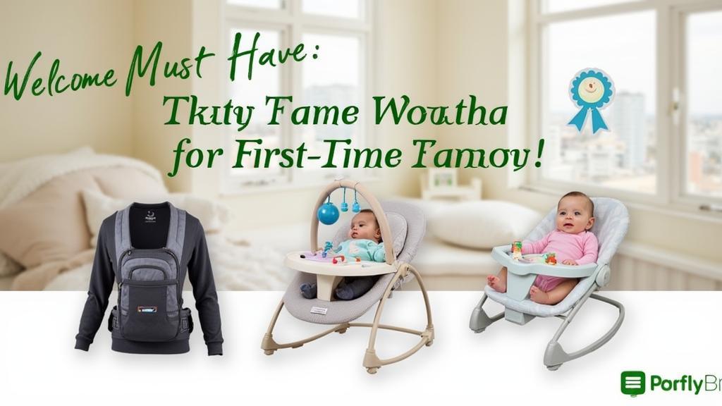 Baby products advertisement featuring a baby carrier, a grey baby bouncer with a baby, and a pink baby seat with another baby. Text overlays and a ribbon graphic are included.
