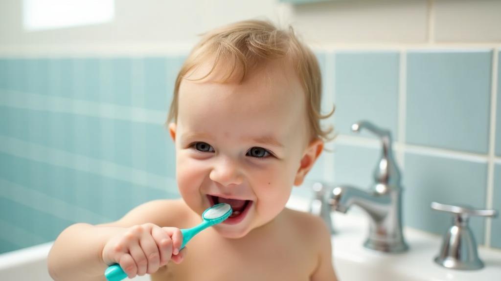 A toddler stands at a bathroom sink holding a teal toothbrush, brushing their teeth. The background features light blue tiles and a silver faucet.