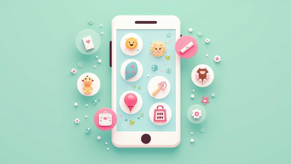 A smartphone displays nine colorful baby-themed icons on a pastel green background. Surrounding the phone are small flowers and circles.