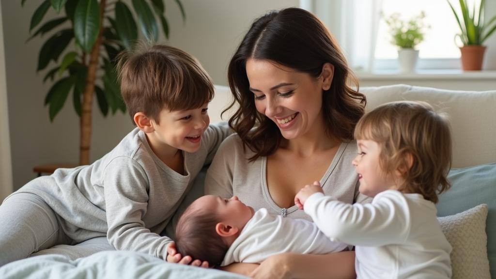 Mother sitting on a couch holding a newborn, with two young children seated around her, all smiling. A plant and window are in the background.