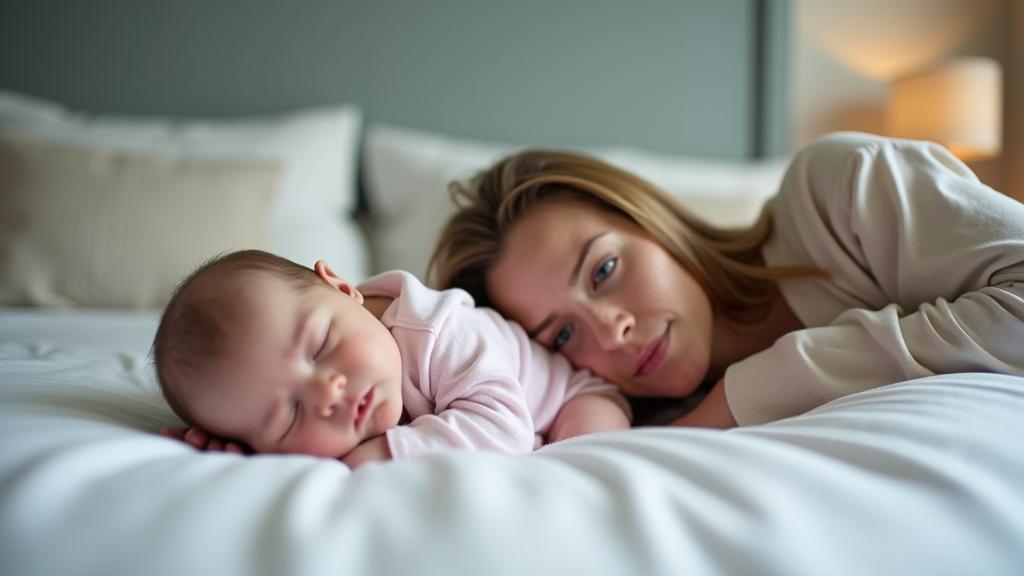 A woman and a sleeping baby lie on a bed. The woman is resting her head on her arm, watching the baby. The setting is calm, with soft lighting and neutral-colored bedding.