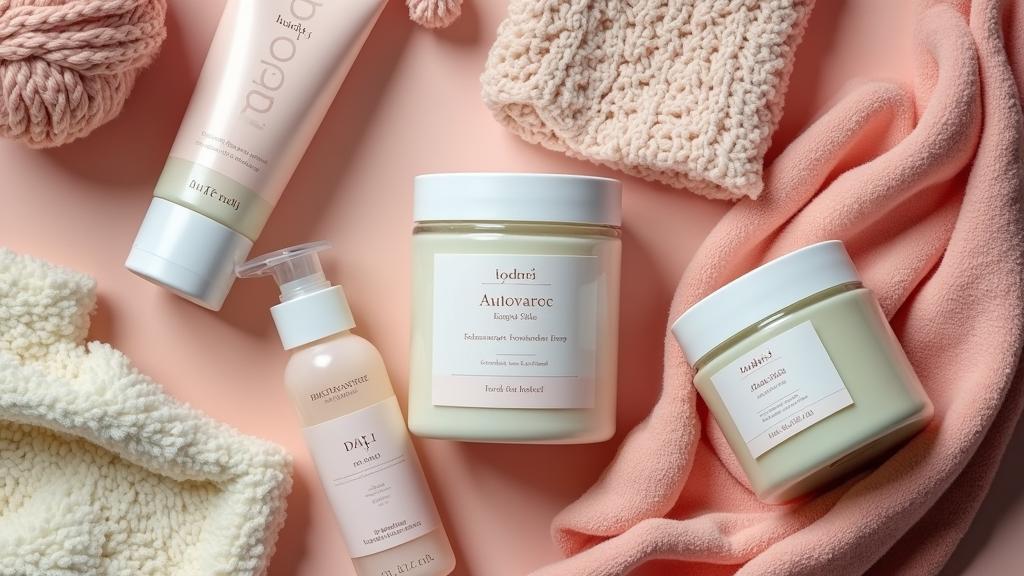 Assorted skincare products in bottles and jars are displayed on a soft pink surface, surrounded by knitted fabric and towels in neutral tones.