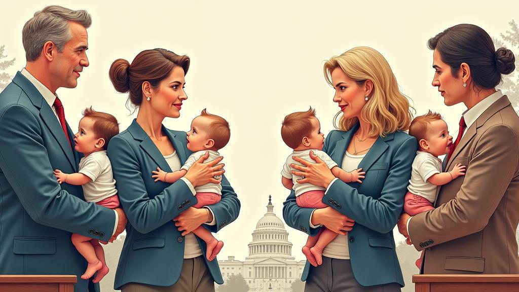 Four adults, each holding a baby, face each other in two pairs. The U.S. Capitol is visible in the background.