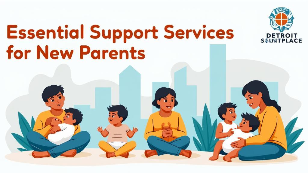 Illustration of parents with infants and young children, sitting on the ground with a city skyline behind. Text reads "Essential Support Services for New Parents" with the Detroit Sewn Place logo.