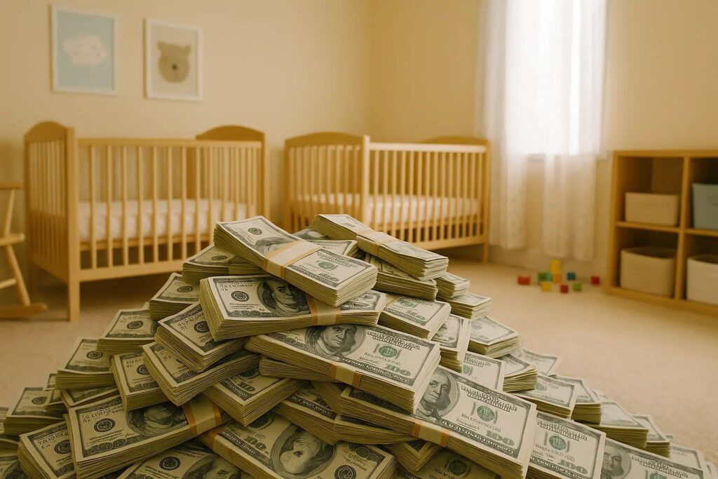A large pile of bundled US $100 bills stacked in the center of a nursery with two cribs, shelves, and toys in the background.