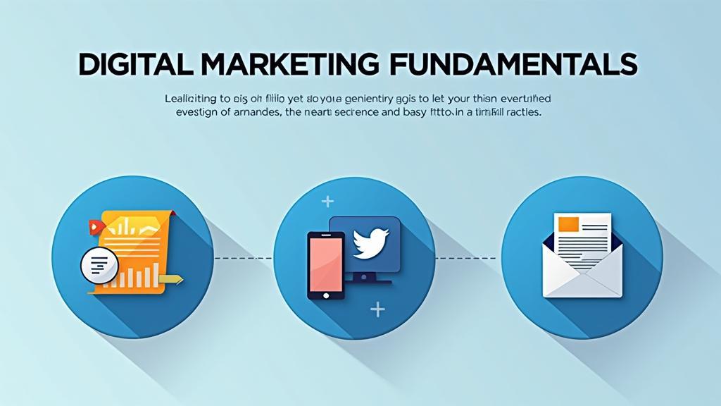 A graphic with three icons—an analytics chart, mobile devices with a Twitter logo, and an envelope—labeled "Digital Marketing Fundamentals.