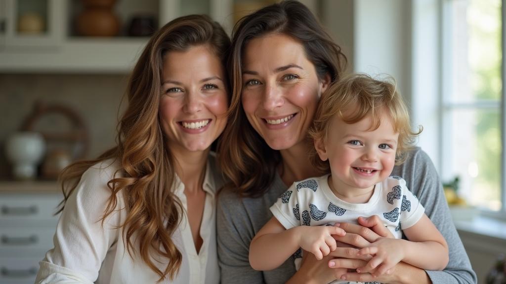 Two women and a young child smiling together indoors, with a kitchen in the background.