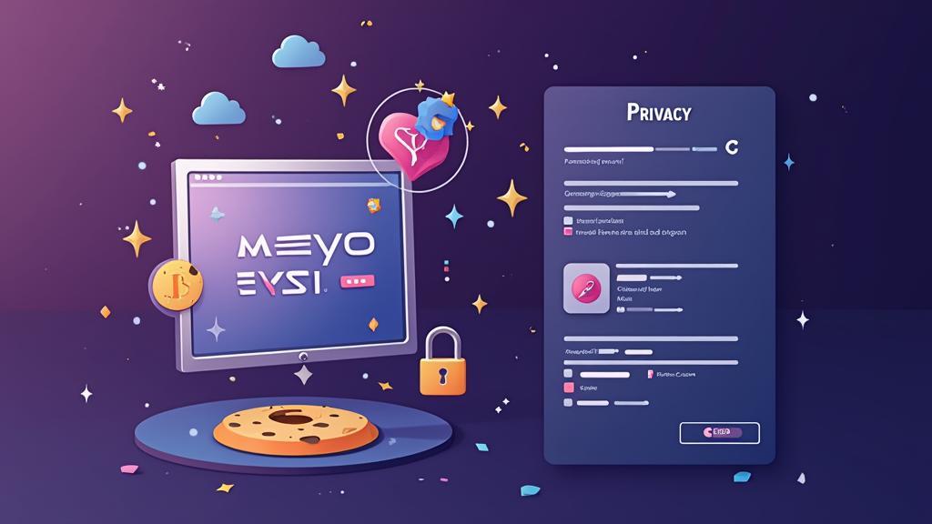 Illustration of an online privacy settings interface with a monitor, cookie, padlock, and icons representing data protection and personal information controls.