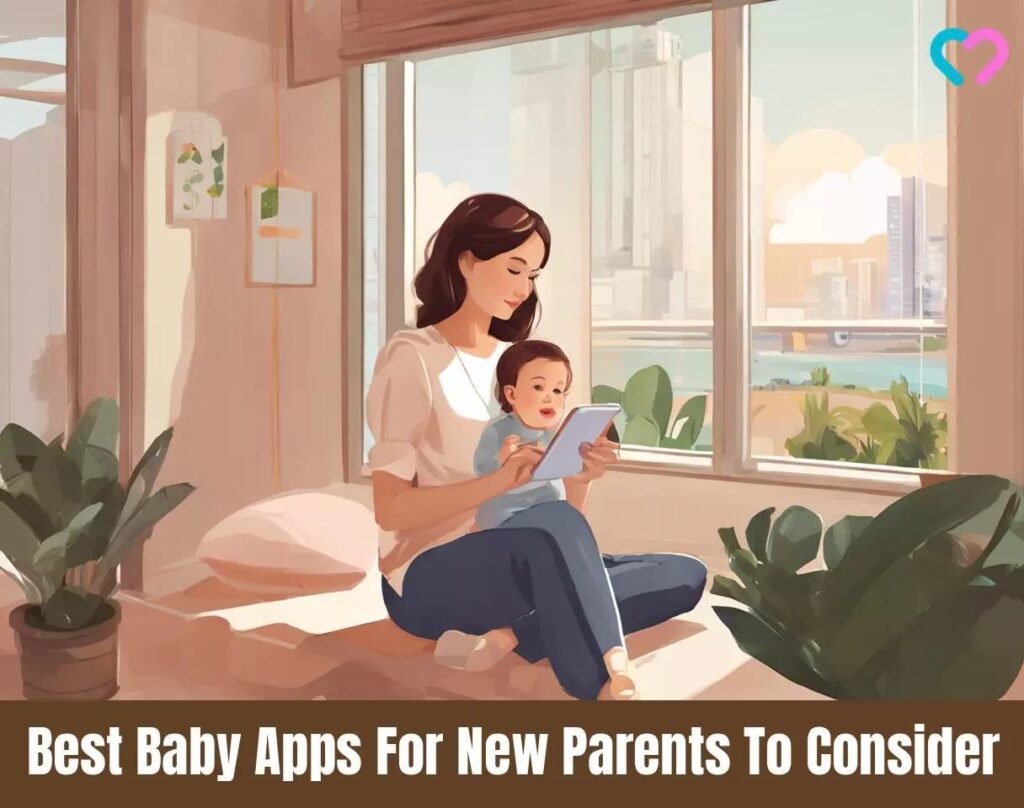 A woman sits on a bed holding a baby and using a tablet, with text reading "Best Baby Apps For New Parents To Consider" at the bottom.