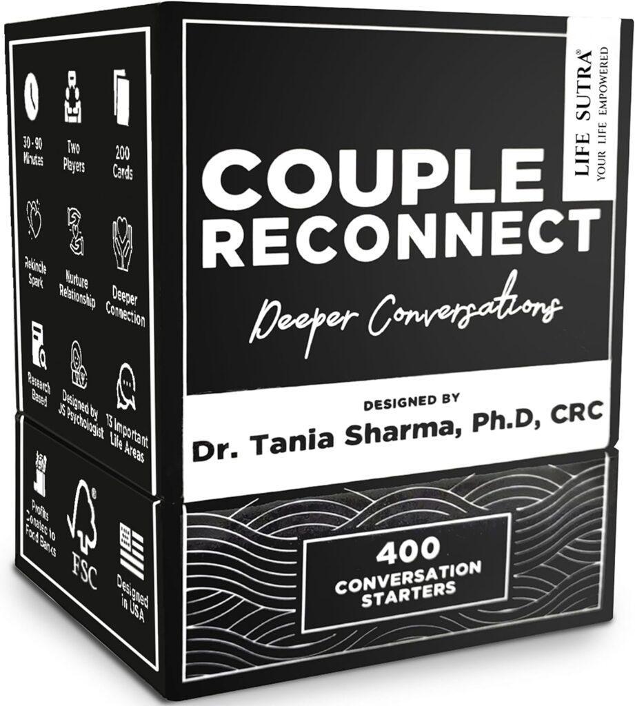 A box labeled “Couple Reconnect: Deeper Conversations” designed by Dr. Tania Sharma, containing 400 conversation starter cards for couples.