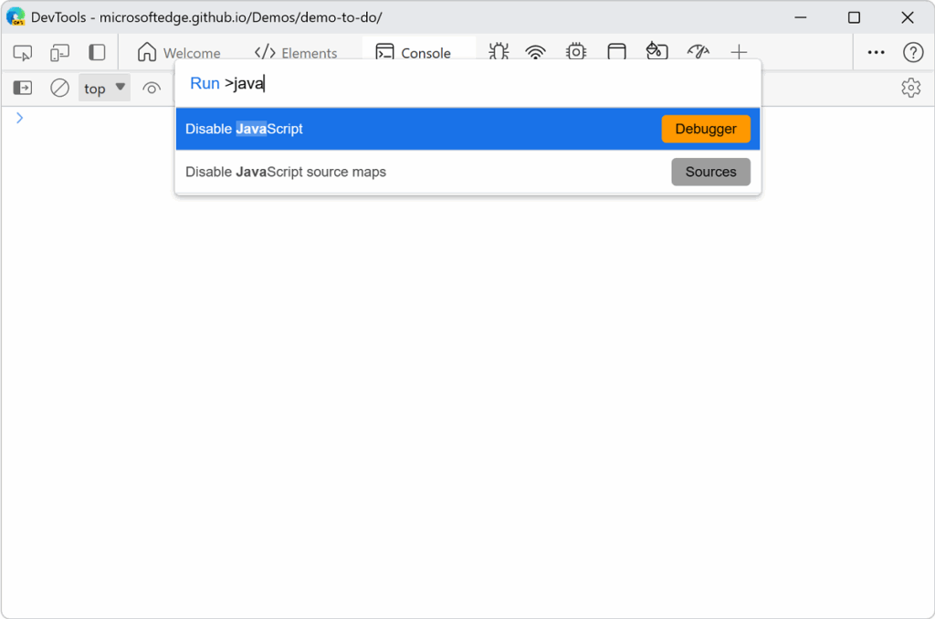 A search for "java" in the DevTools command menu highlights "Disable JavaScript" with options for Debugger and Sources in a dropdown.