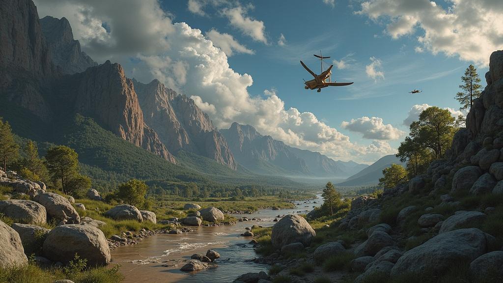 A yellow biplane flies over a rocky river valley with mountains and trees under a partly cloudy sky.