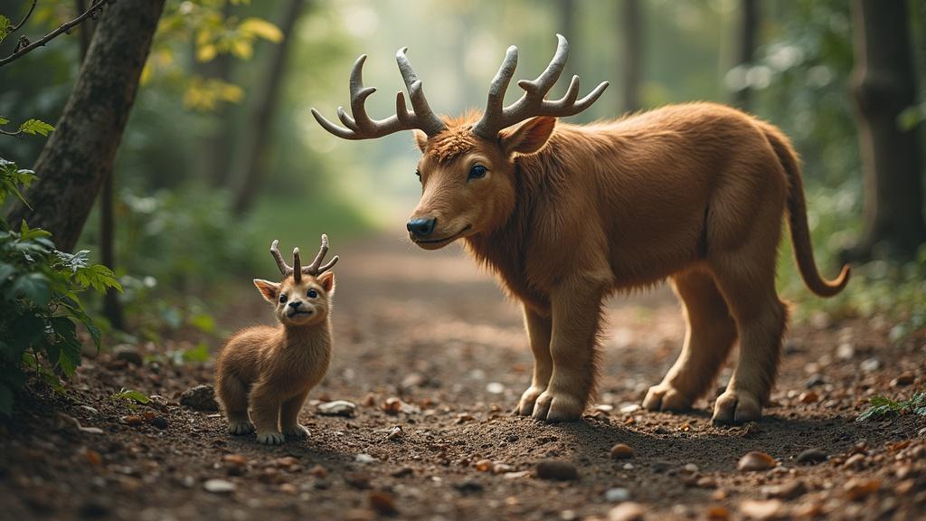 An adult and a baby animal with deer antlers and canine features stand on a forest path surrounded by greenery.