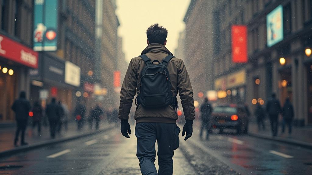 A person wearing a backpack and gloves walks down a city street on a rainy day, with buildings and people visible in the background.