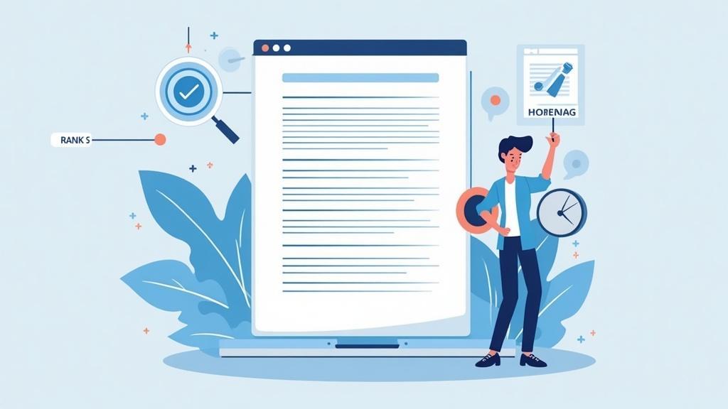 Illustration of a person standing next to a large document, holding a gear, with icons of a magnifying glass, clock, and checklist in the background.