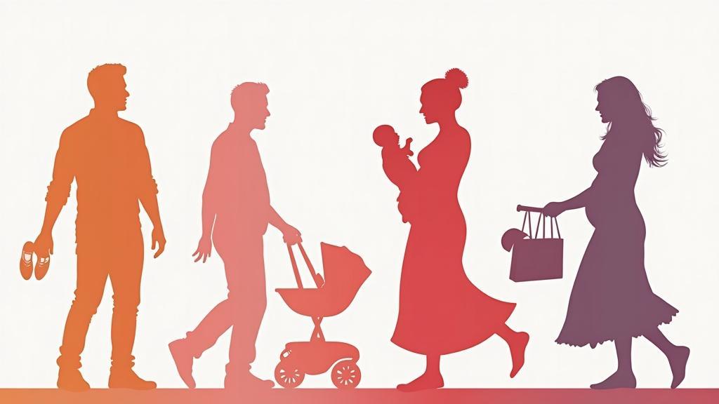 Silhouettes of four adults: a man holding shoes, a man pushing a stroller, a woman holding a baby, and a pregnant woman carrying a bag.