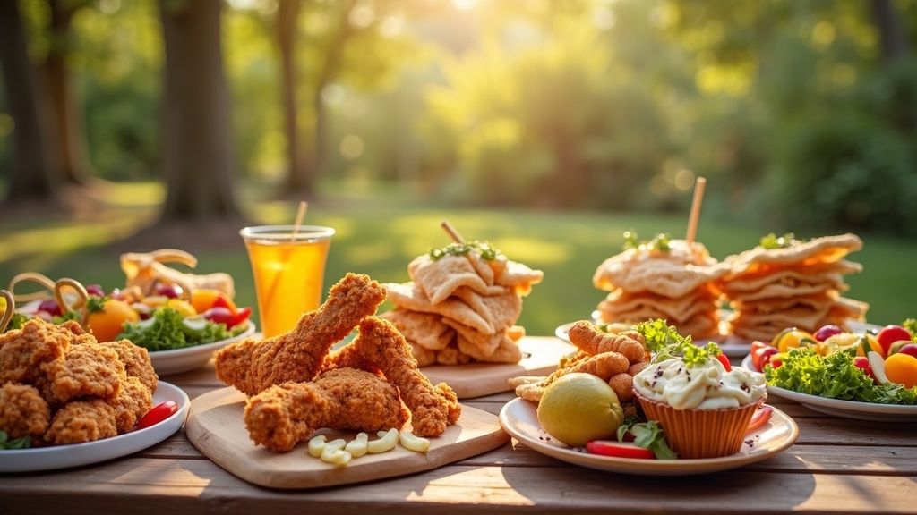 A picnic table outdoors with plates of fried chicken, fresh salad, cupcakes, fruit, and drinks, set in a sunlit park with trees in the background.