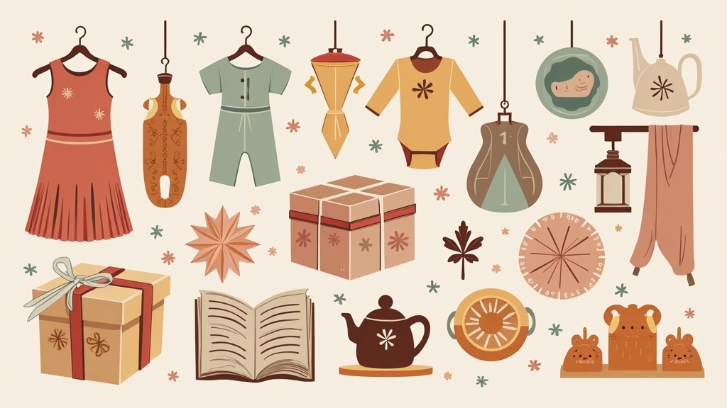 A collection of illustrated household and gift items, including clothing, a teapot, a lantern, presents, a book, utensils, and various decorative objects in muted colors.