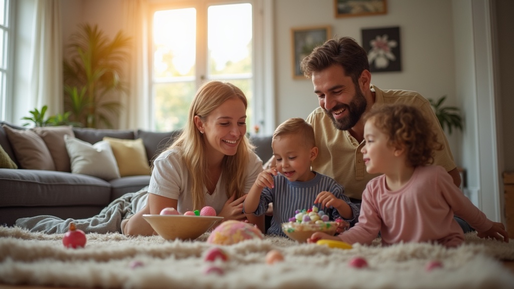 A family of four sits on a carpeted living room floor, smiling and playing with colorful toys together, with sunlight coming through the windows.