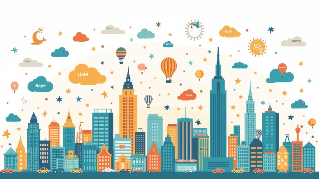 Illustration of a colorful city skyline with tall buildings, hot air balloons, clouds, and stars in the sky; some clouds have names written on them.