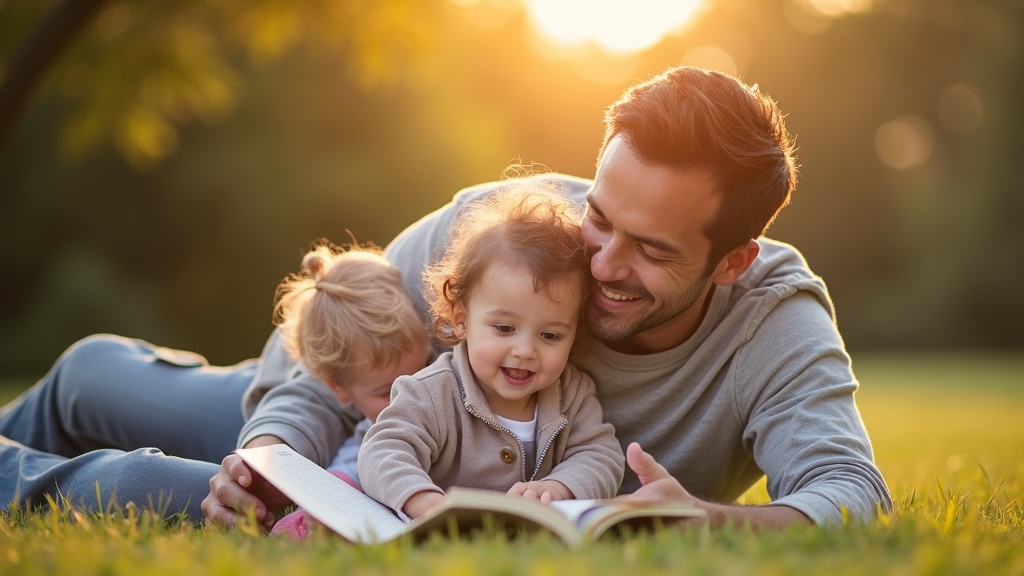 An adult and two young children lie on grass in a park, reading a book together, with sunlight shining in the background.