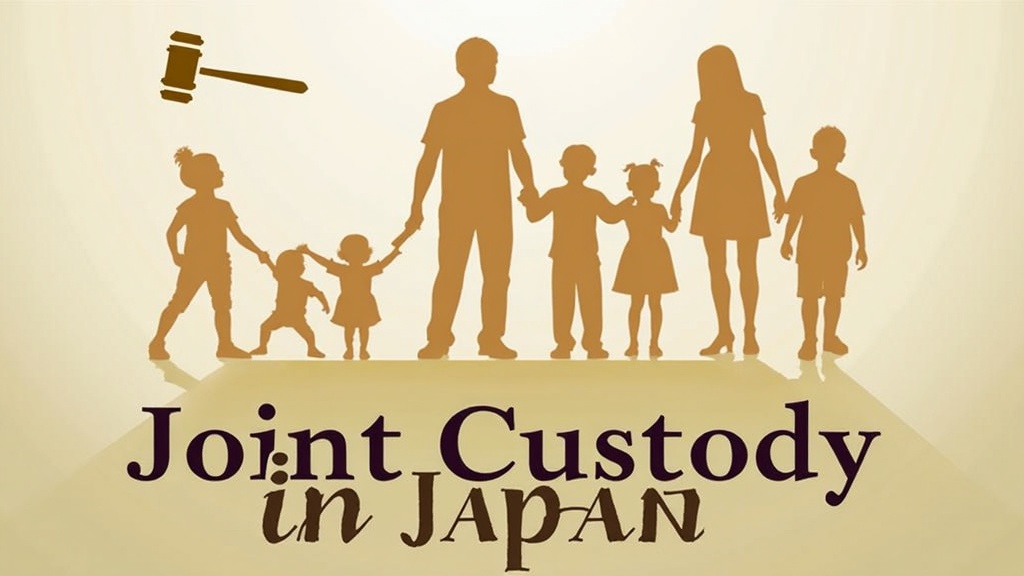 Silhouettes of two adults and four children holding hands, with a gavel icon above and the text "Joint Custody in Japan" below.