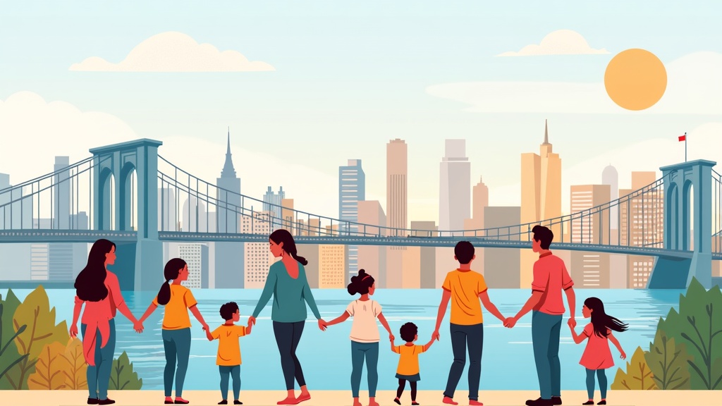 A group of adults and children stand by a river, holding hands and facing a city skyline with a large bridge under a sunny sky.