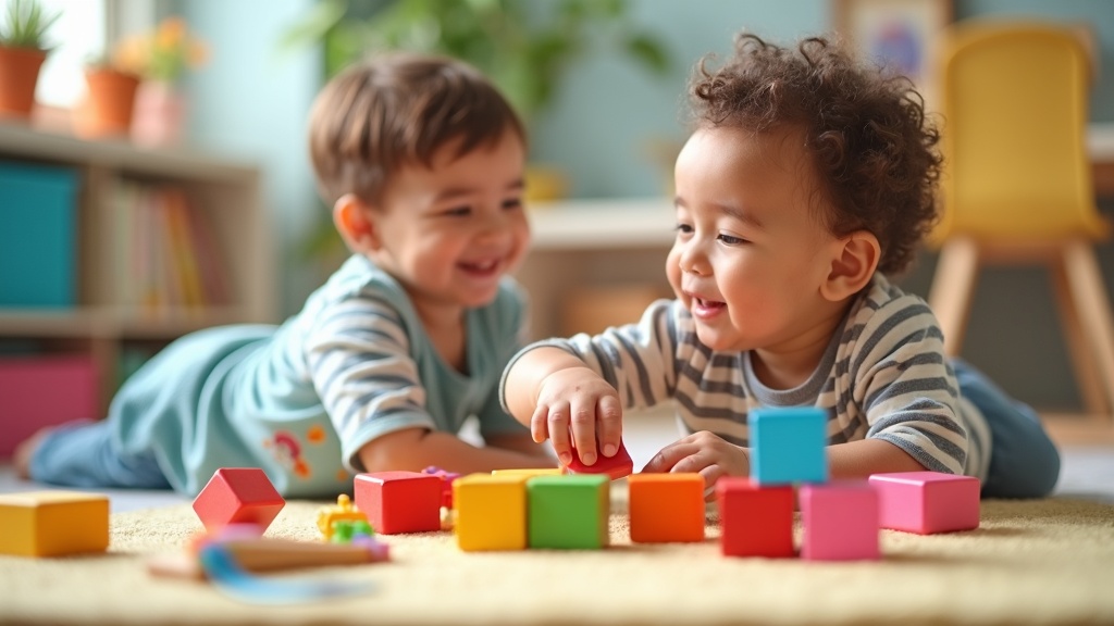 Two young children play with colorful wooden blocks on a carpeted floor in a bright, cozy room with shelves and plants in the background.