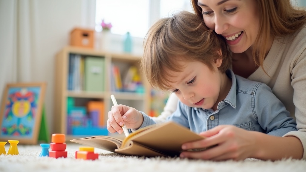 Woman helps young child write in a notebook while lying on a carpet, with colorful toys and shelves in the background.
