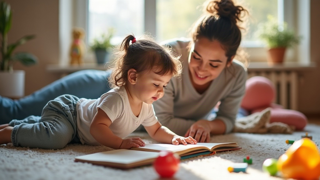 A young child and an adult lie on a carpeted floor, reading a book together in a sunlit room with toys and plants visible in the background.