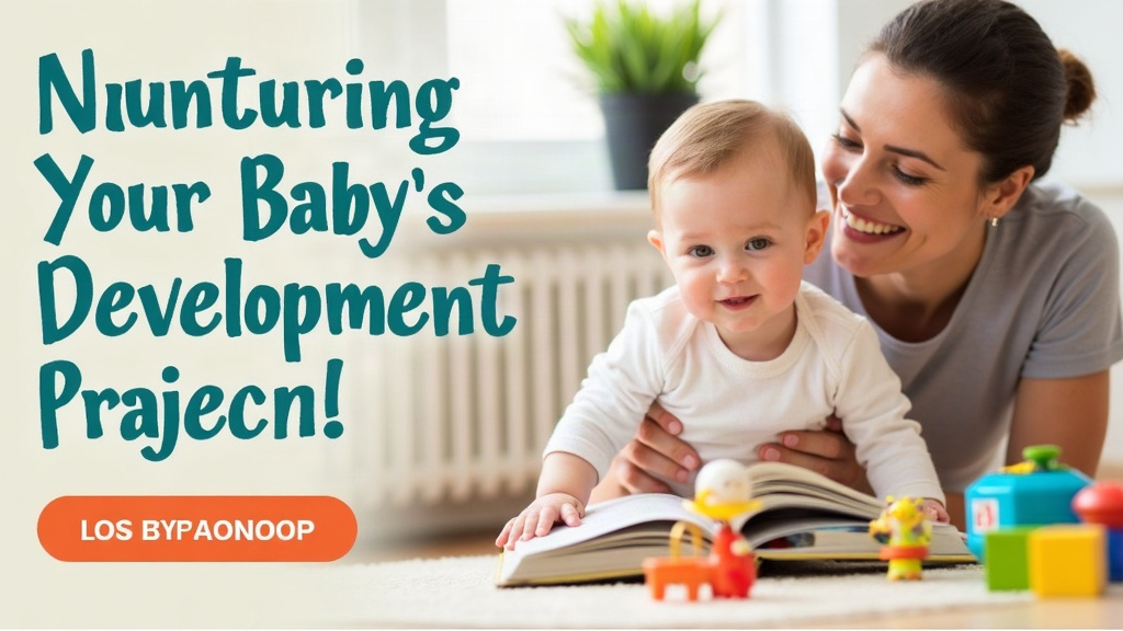 A smiling woman holds a baby who is looking at an open book, with toys nearby and text about nurturing a baby’s development.