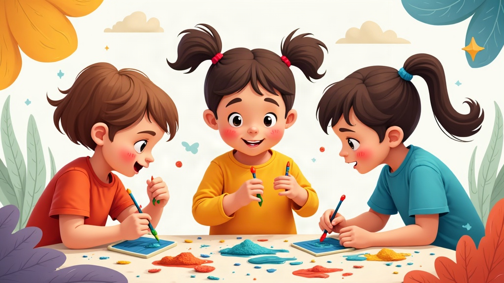 Three children sit at a table doing colorful sand art crafts, smiling and focused on their activity, surrounded by decorative leaves and flowers.